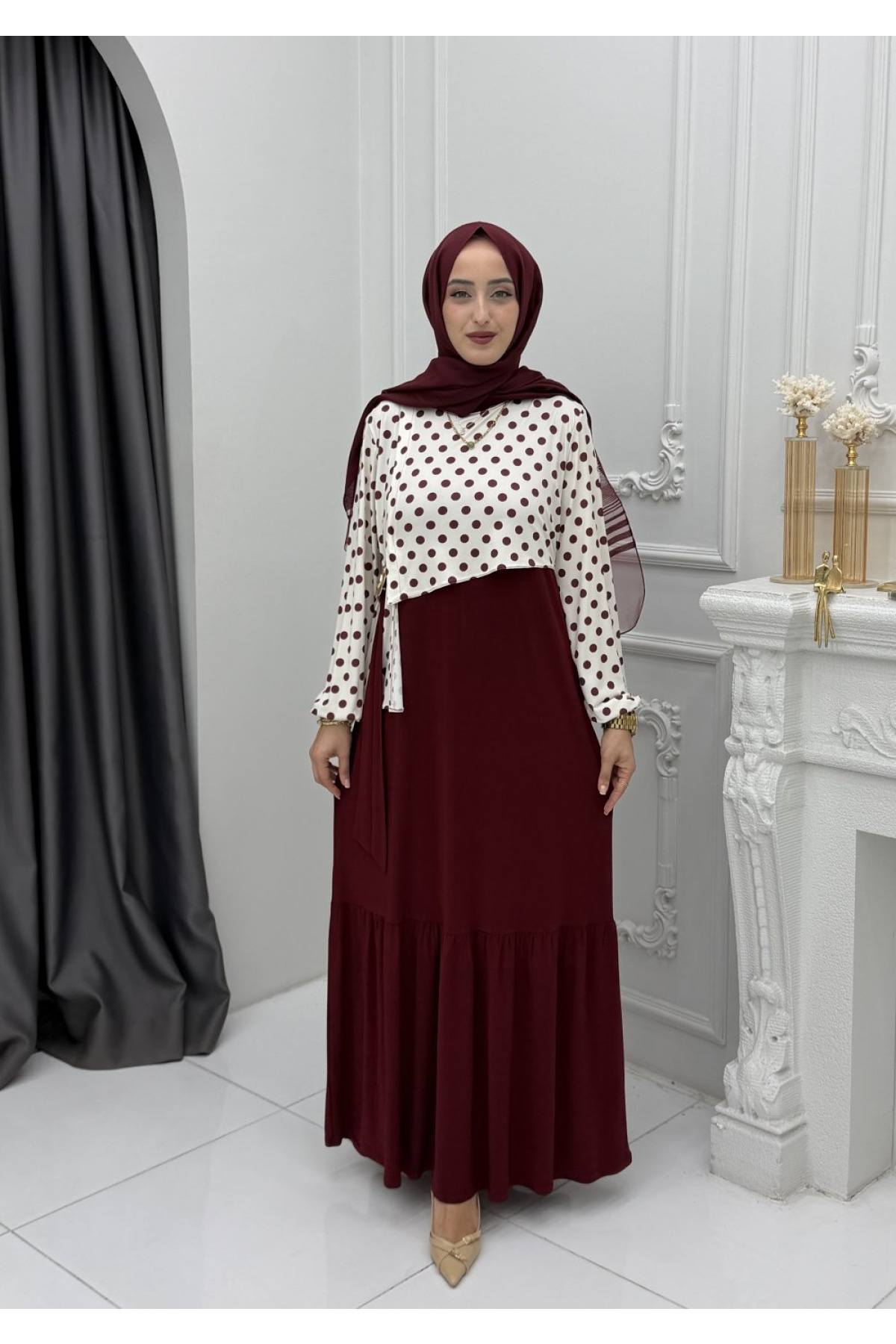 PUANTİYE ELBİSE -BORDO